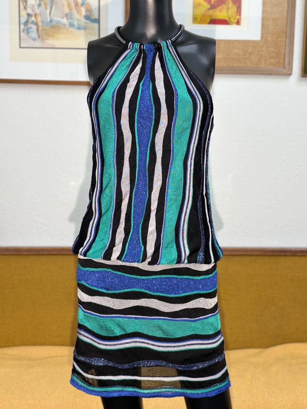 Laundry by Shelli Segal blue, green, and black striped halter-neck dress